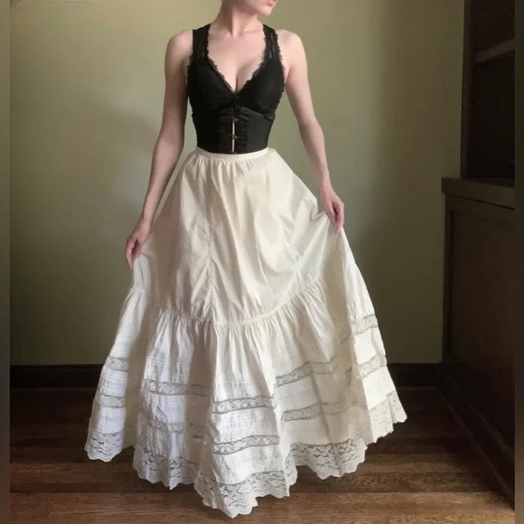 Antique Tiered Petticoat, Full Length Lace Skirt, Corset Waist - Picture 3 of 12